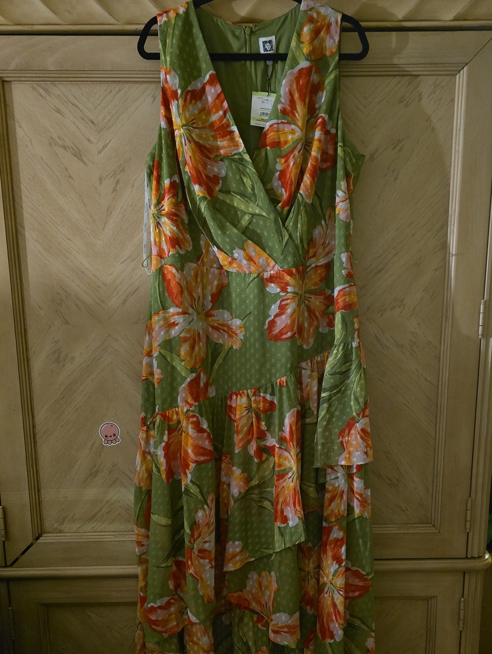 Anne Klein Olive Green Maxi Dress with Orange Floral Print